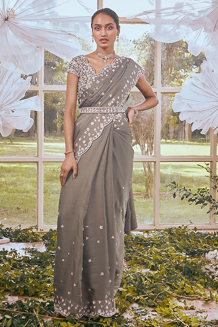 Gold Grey Satin Floral Embroidered Saree Set by Rachit Khanna at Pernia's Pop Up Shop