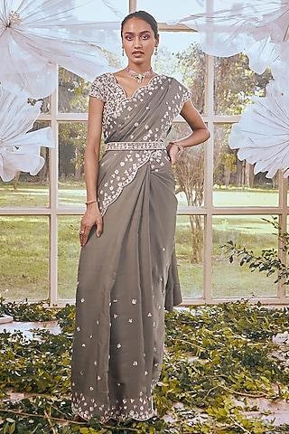 Gold Grey Satin Floral Embroidered Saree Set by Rachit Khanna