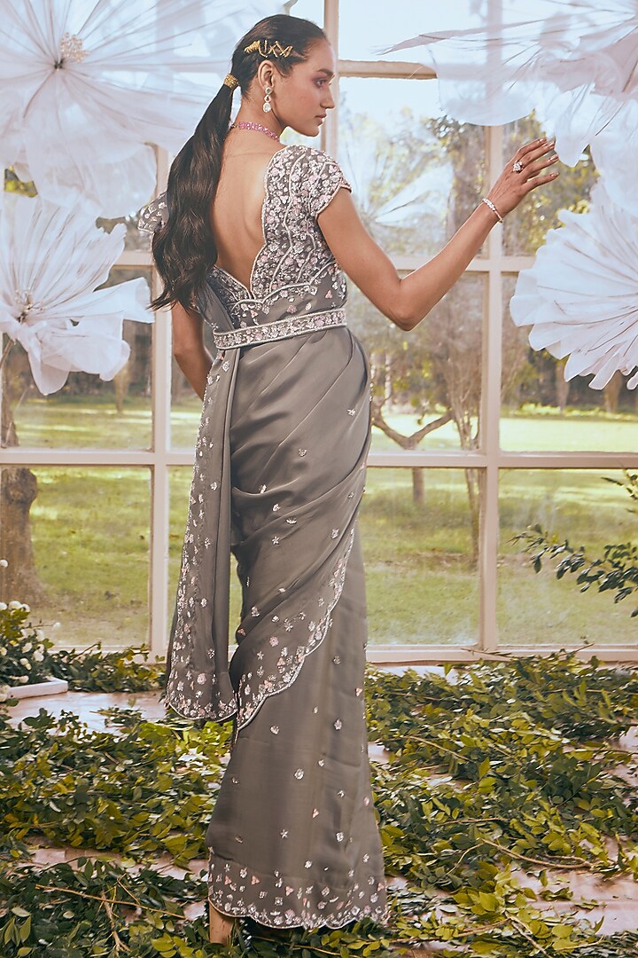 Gold Grey Satin Floral Embroidered Reception Saree Set by Rachit Khanna at Pernia's Pop Up Shop