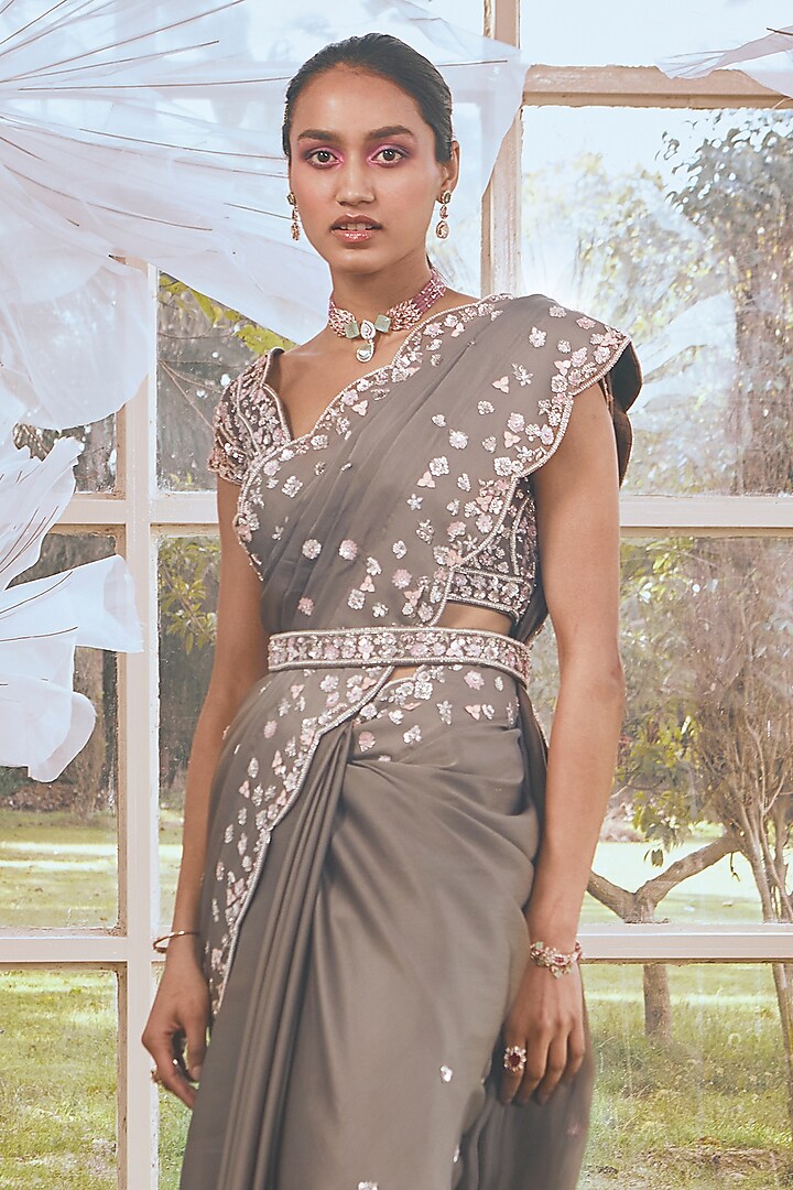 Gold Grey Satin Floral Embroidered Reception Saree Set by Rachit Khanna at Pernia's Pop Up Shop