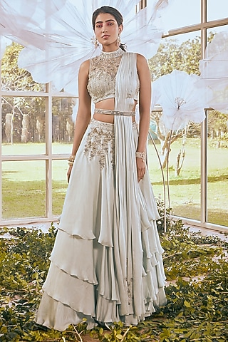 Aqua Blue Satin Georgette Cutdana Embroidered Layered Skirt Set by Rachit Khanna