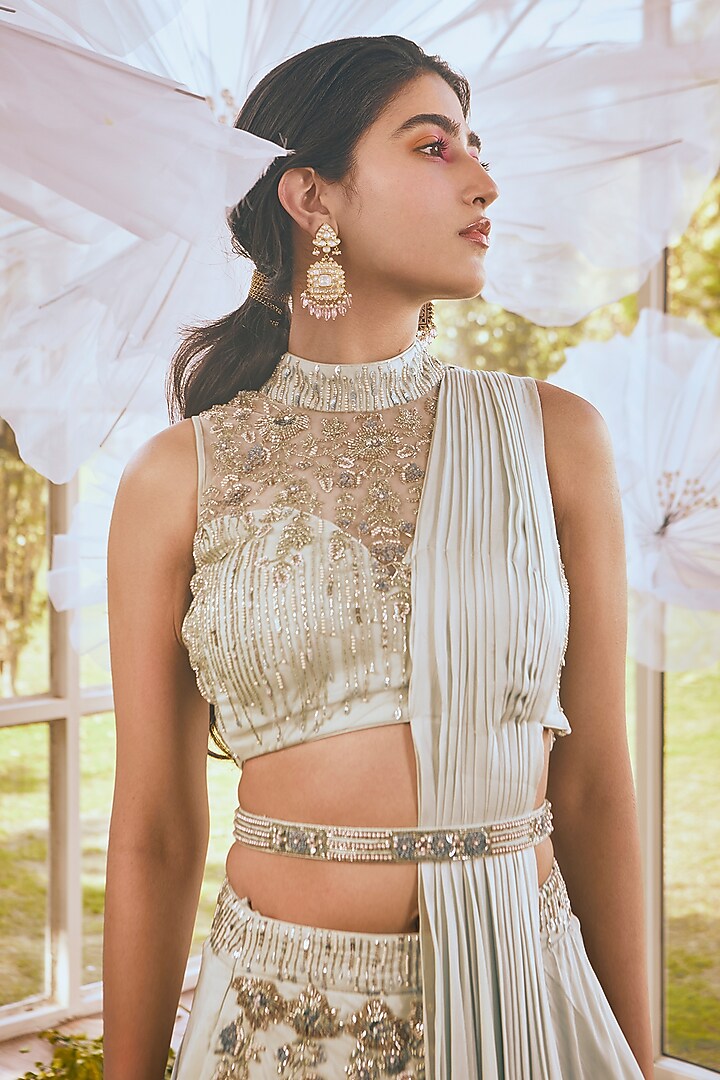 Aqua Blue Satin Georgette Cutdana Embroidered Layered Skirt Set by Rachit Khanna at Pernia's Pop Up Shop