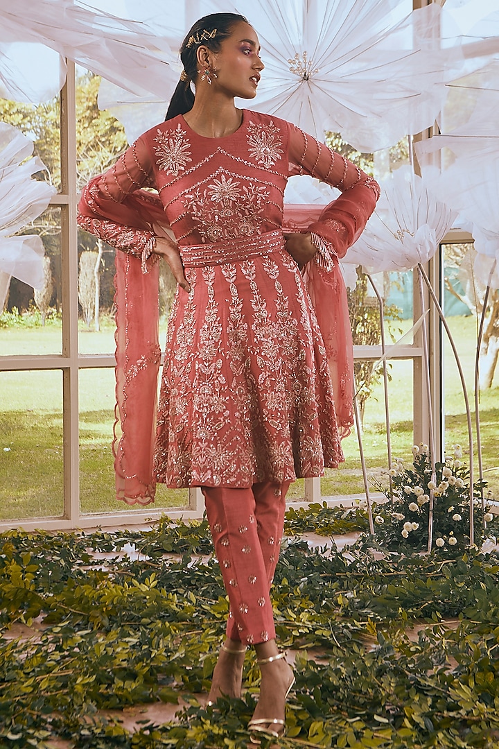 Brick Red Semi Dupion Beads Embroidered Anarkali Set by Rachit Khanna at Pernia's Pop Up Shop