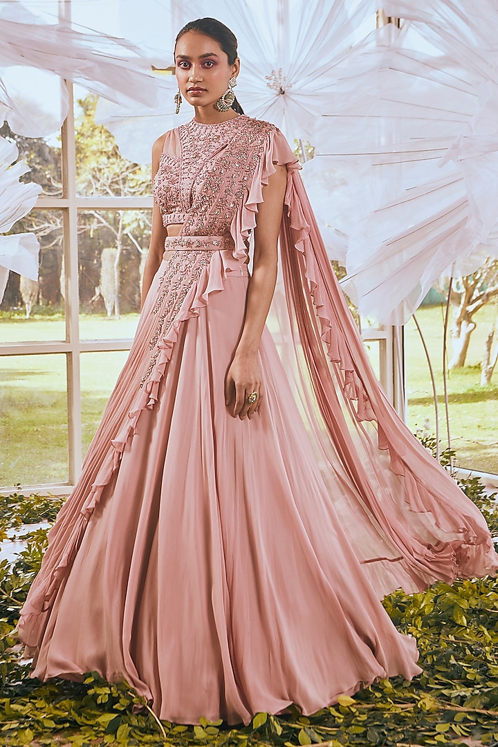 Rose Gold Georgette & Net Cutdana Embroidered Draped Skirt Saree Set by Rachit Khanna at Pernia's Pop Up Shop