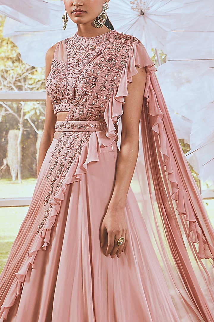 Rose Gold Georgette & Net Cutdana Embroidered Draped Skirt Saree Set by Rachit Khanna at Pernia's Pop Up Shop