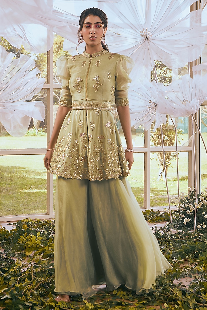 Pistachio Green Semi Dupion & Organza Sharara Set by Rachit Khanna at Pernia's Pop Up Shop