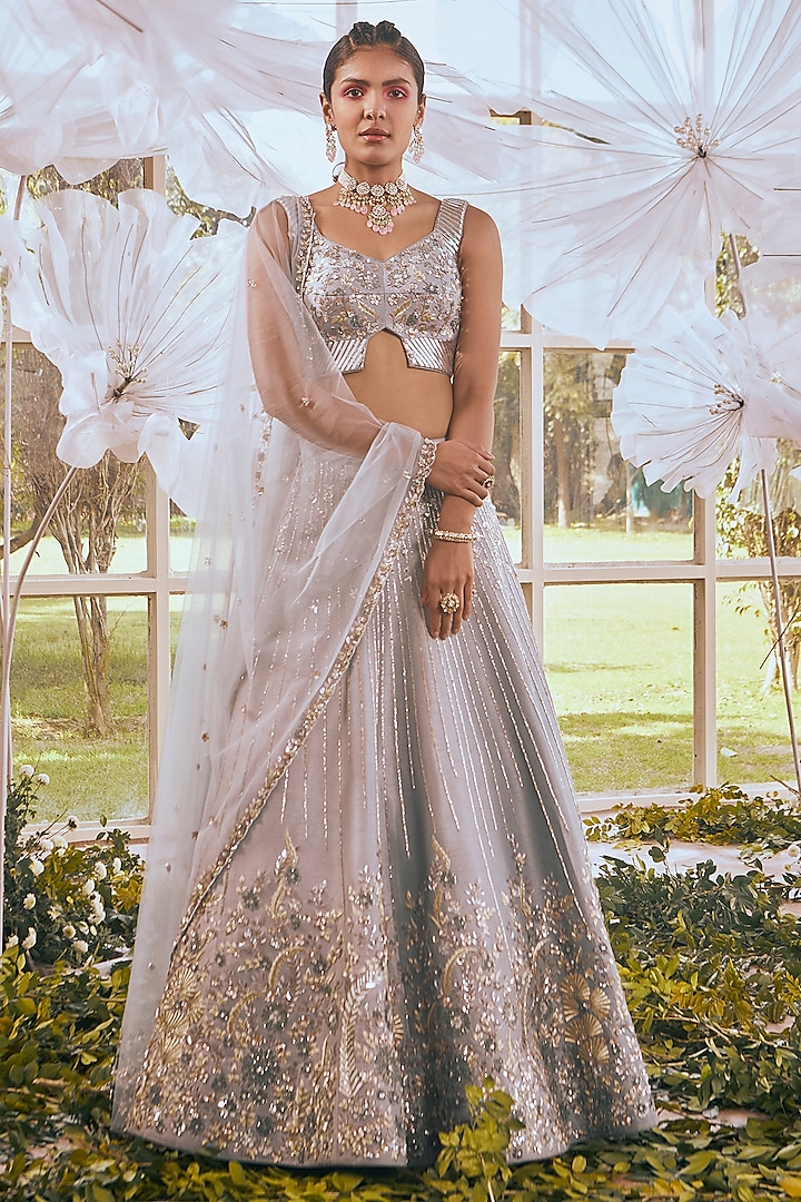 Ice Blue Semi Dupion & Organza Cutdana Embroidered Bridal Lehenga Set by Rachit Khanna at Pernia's Pop Up Shop