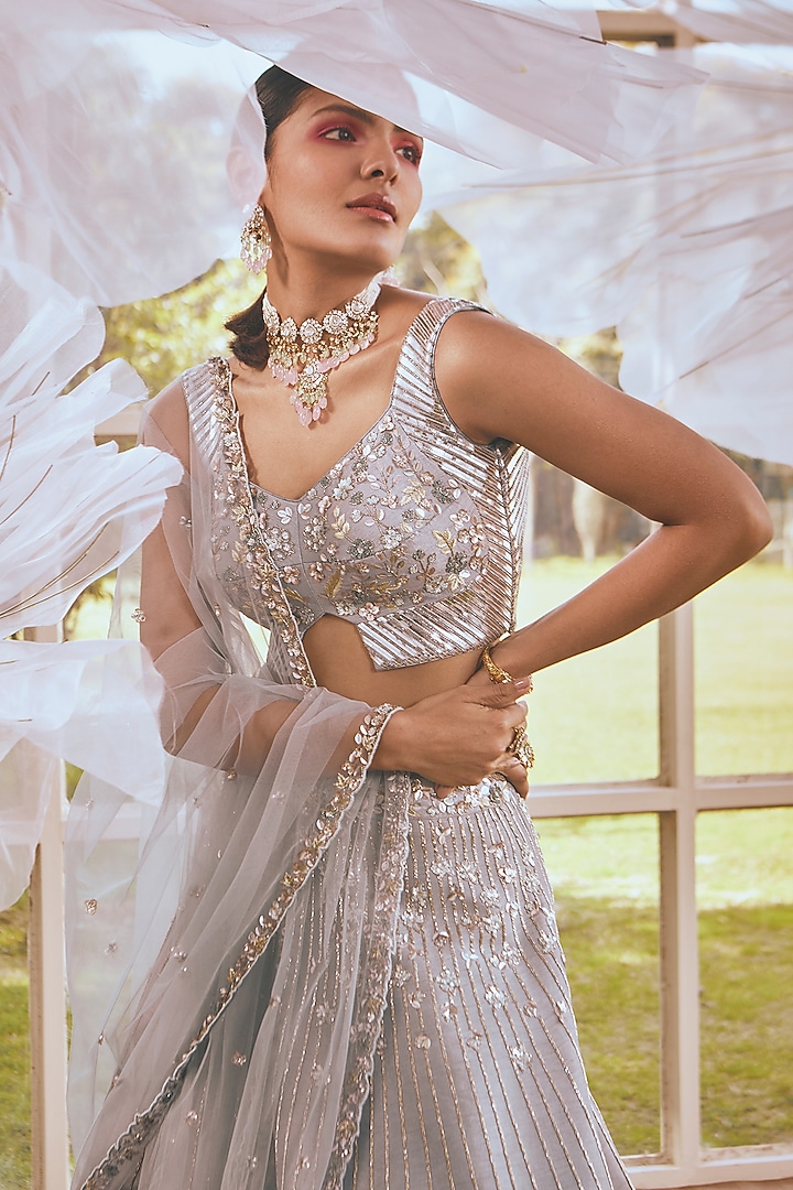 Ice Blue Semi Dupion & Organza Cutdana Embroidered Bridal Lehenga Set by Rachit Khanna at Pernia's Pop Up Shop