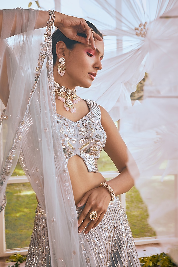Ice Blue Semi Dupion & Organza Cutdana Embroidered Bridal Lehenga Set by Rachit Khanna at Pernia's Pop Up Shop