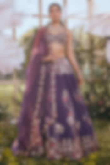 Dark Purple Raw Silk Cutdana Embroidered Bridal Lehenga Set by Rachit Khanna at Pernia's Pop Up Shop