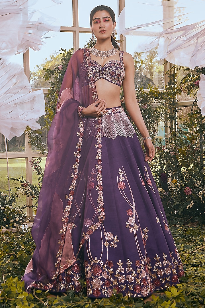 Dark Purple Raw Silk Cutdana Embroidered Bridal Lehenga Set by Rachit Khanna at Pernia's Pop Up Shop