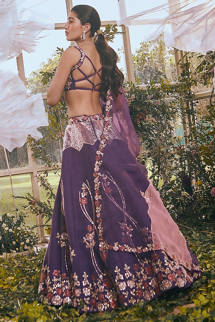 Dark Purple Raw Silk Cutdana Embroidered Bridal Lehenga Set by Rachit Khanna at Pernia's Pop Up Shop