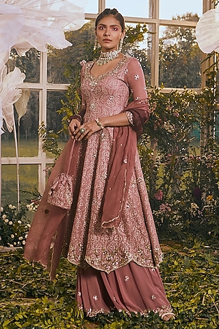 Onion Pink Georgette Aari & Sequins Embroidered Anarkali Set by Rachit Khanna