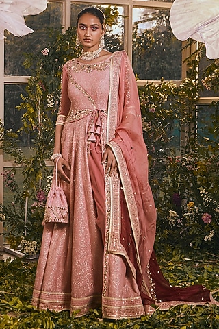 Powder Peach Georgette Aari & Sequins Embroidered Anarkali Set by Rachit Khanna
