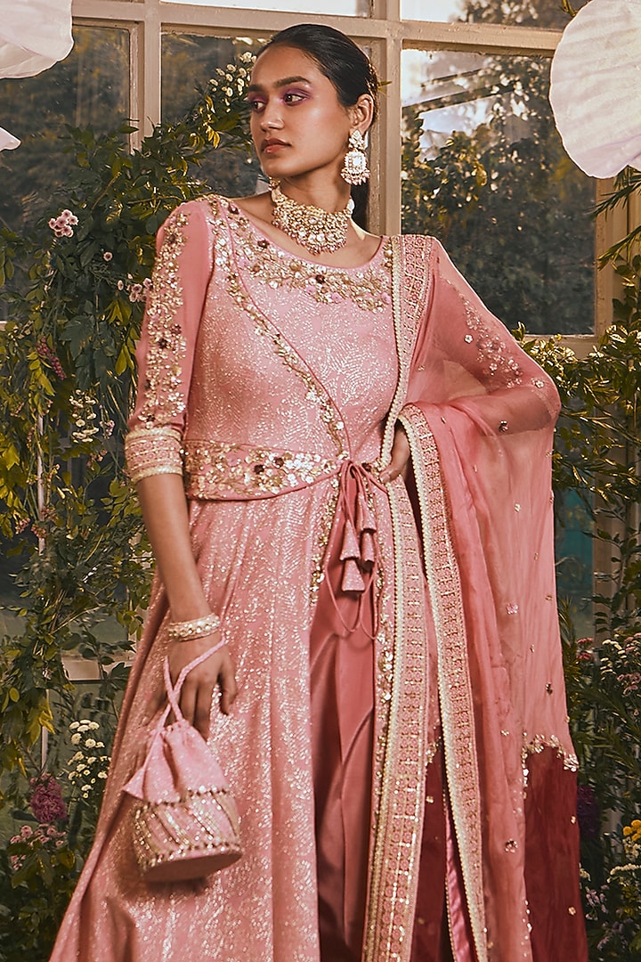 Powder Peach Georgette Aari & Sequins Embroidered Bridal Anarkali Set by Rachit Khanna at Pernia's Pop Up Shop