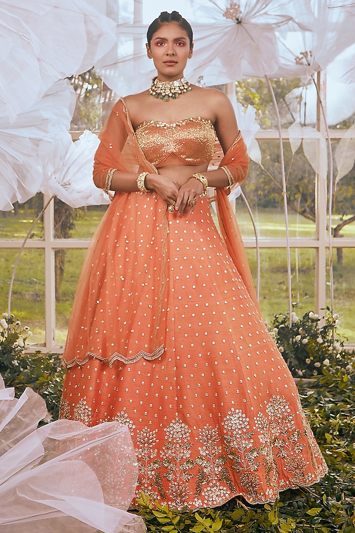 Neon Orange Purple Raw Silk Aari & Cutdana Embroidered Bridal Lehenga Set by Rachit Khanna at Pernia's Pop Up Shop