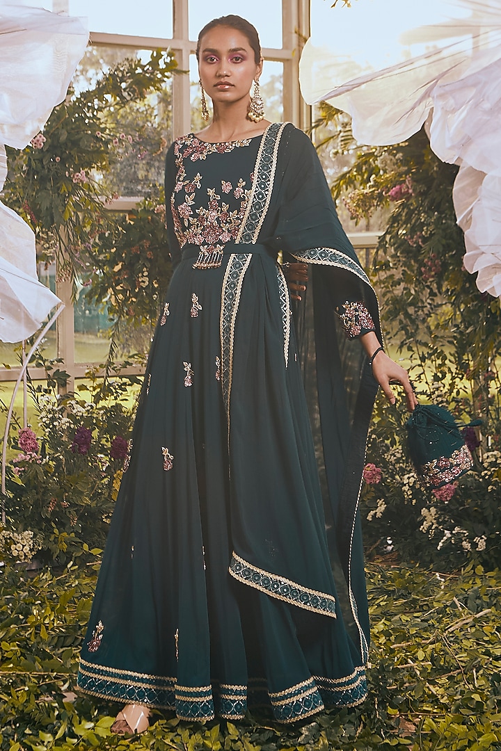 Peacock Blue Georgette Floral Embroidered Anarkali Set by Rachit Khanna at Pernia's Pop Up Shop