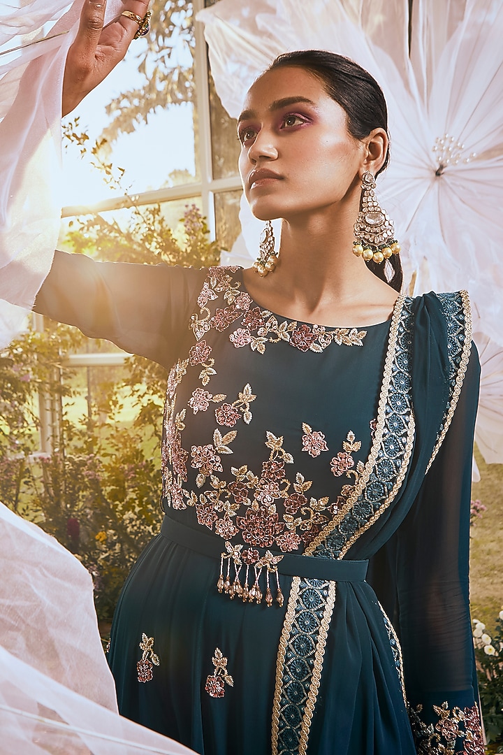 Peacock Blue Georgette Floral Embroidered Wedding Anarkali Set by Rachit Khanna at Pernia's Pop Up Shop