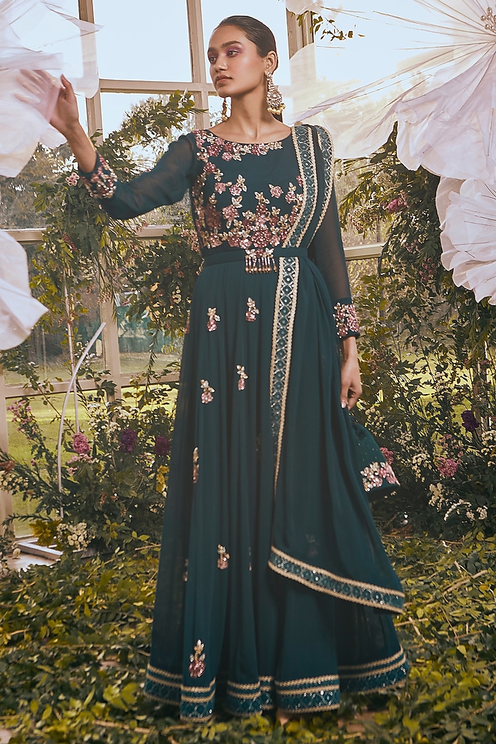 Peacock Blue Georgette Floral Embroidered Wedding Anarkali Set by Rachit Khanna at Pernia's Pop Up Shop