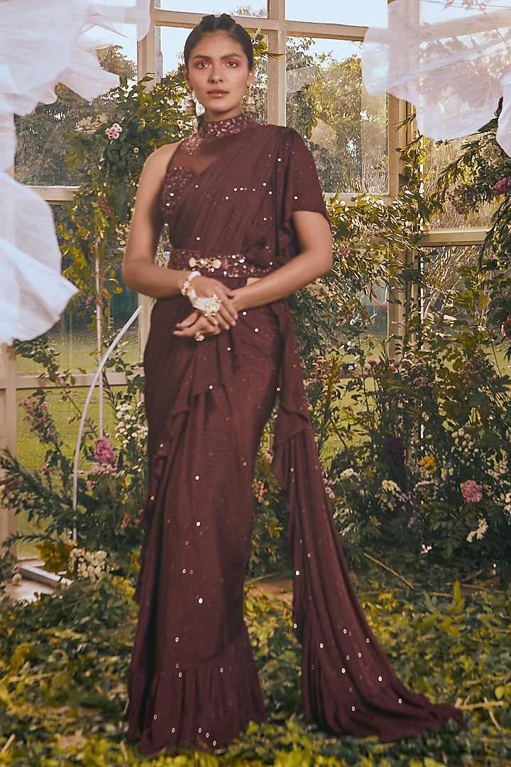 Deep Wine Self Chiffon Aari Embroidered Draped Saree Set by Rachit Khanna at Pernia's Pop Up Shop