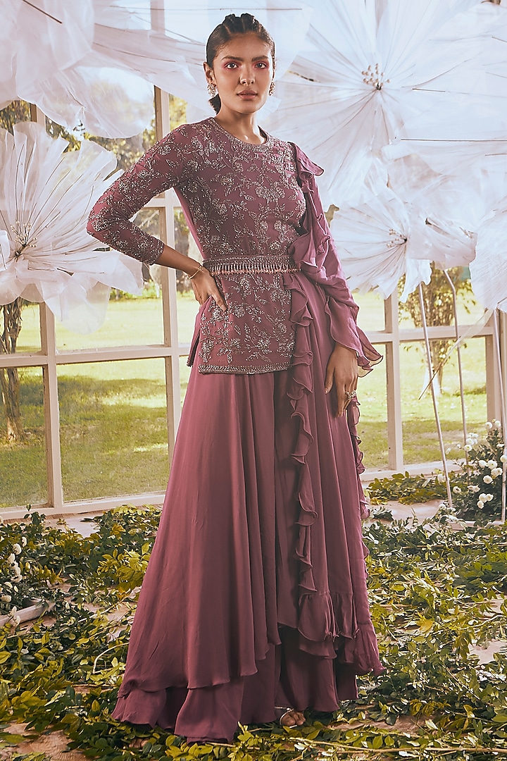 Purple Plum Georgette Glass Beads Embroidered Tunic Set by Rachit Khanna at Pernia's Pop Up Shop