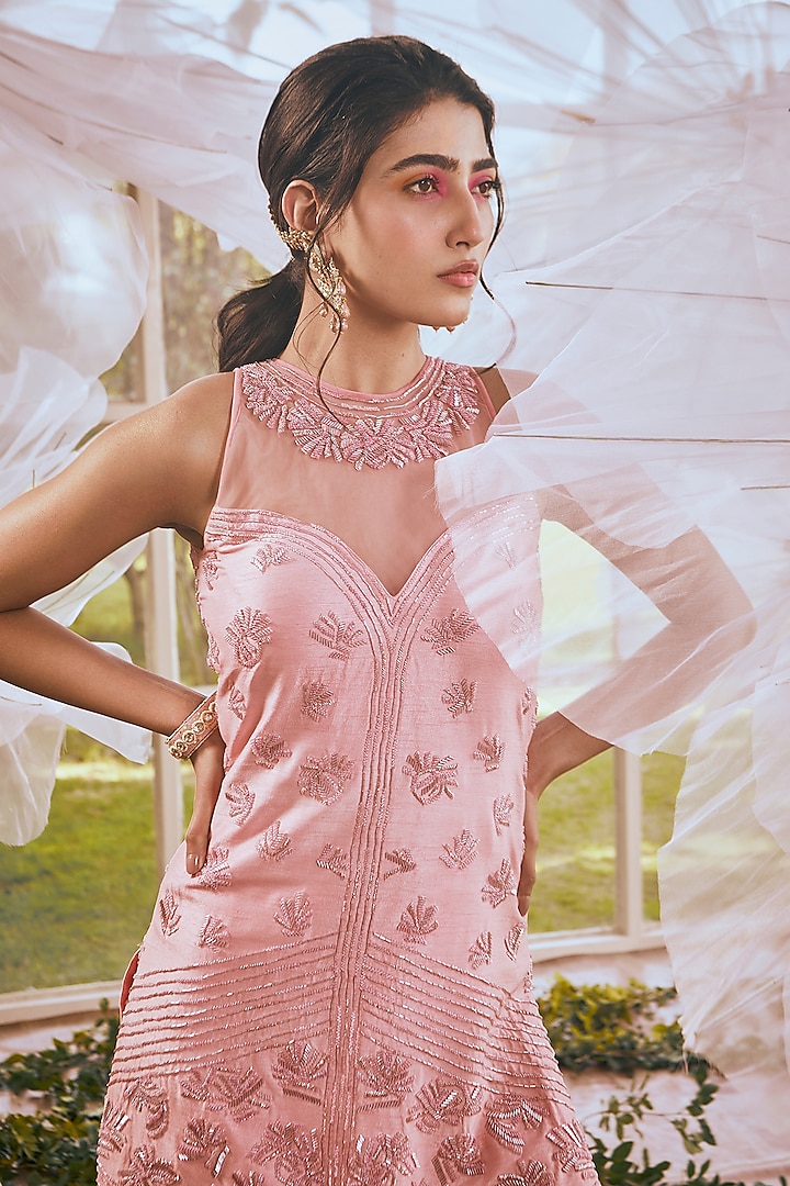Peach Pink Georgette Glass Beads Embroidered Wedding Sharara Set by Rachit Khanna at Pernia's Pop Up Shop