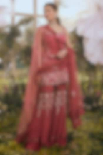 Salmon Pink Self Chiffon Gharara Set by Rachit Khanna