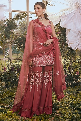 Salmon Pink Self Chiffon Gharara Set by Rachit Khanna