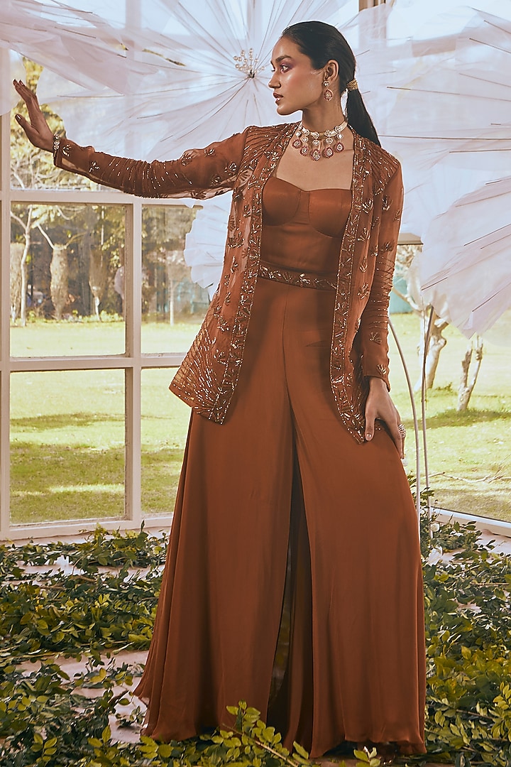 Burnt Mustard Georgette Aari Embroidered Cape Set by Rachit Khanna at Pernia's Pop Up Shop