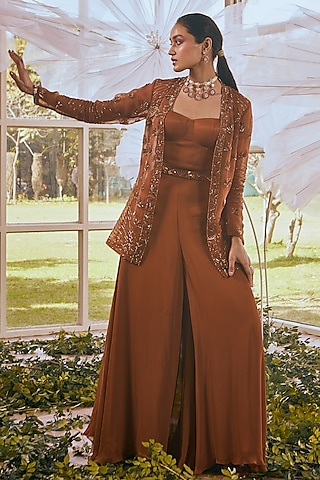 Burnt Mustard Georgette Aari Embroidered Cape Set by Rachit Khanna
