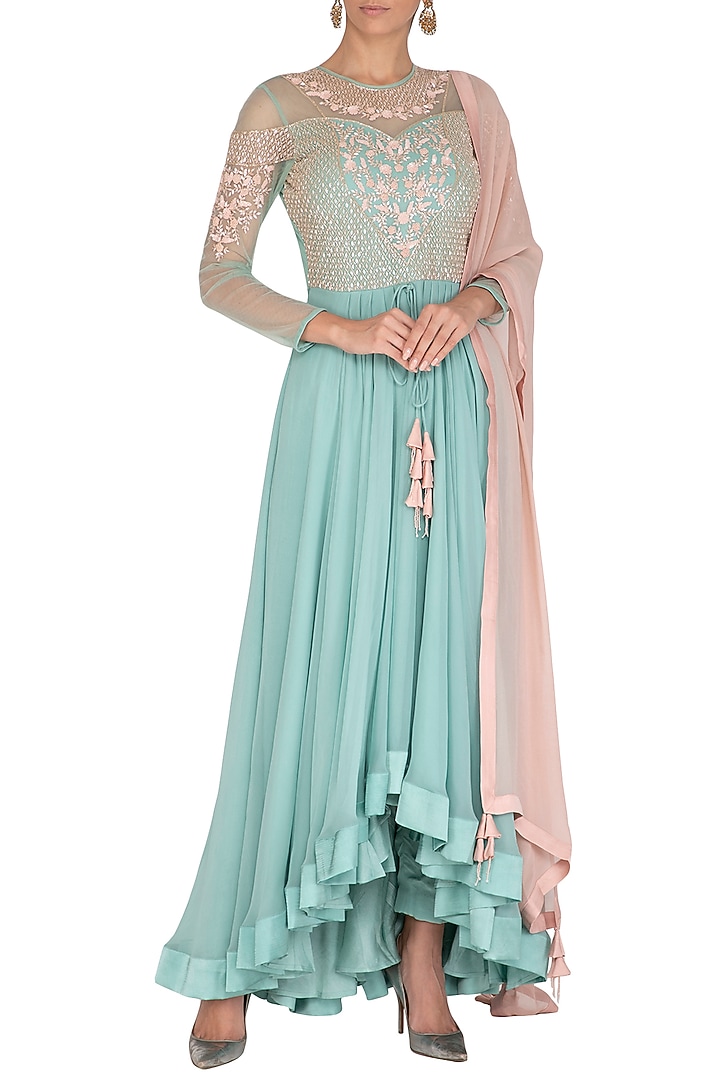 Teal Blue Embroidered Bridal Anarkali Set by Rachit Khanna at Pernia's Pop Up Shop