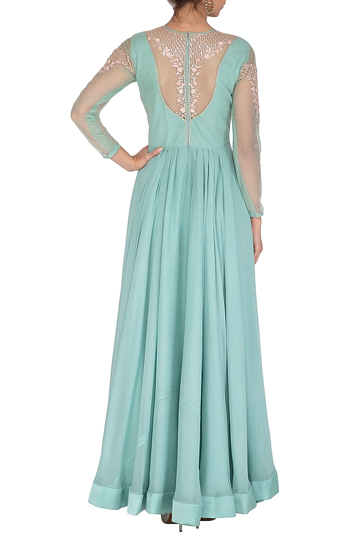 Teal Blue Embroidered Bridal Anarkali Set by Rachit Khanna at Pernia's Pop Up Shop