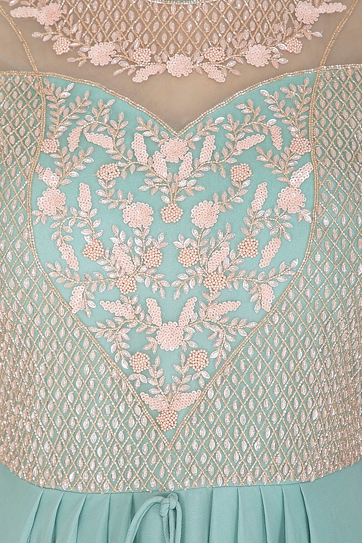 Teal Blue Embroidered Bridal Anarkali Set by Rachit Khanna at Pernia's Pop Up Shop