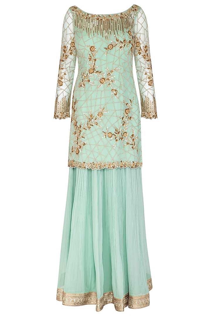 Teal Blue Embroidered Skirt Set by Rachit Khanna