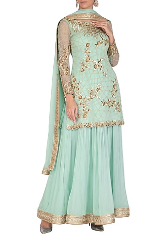 Teal Blue Embroidered Skirt Set by Rachit Khanna