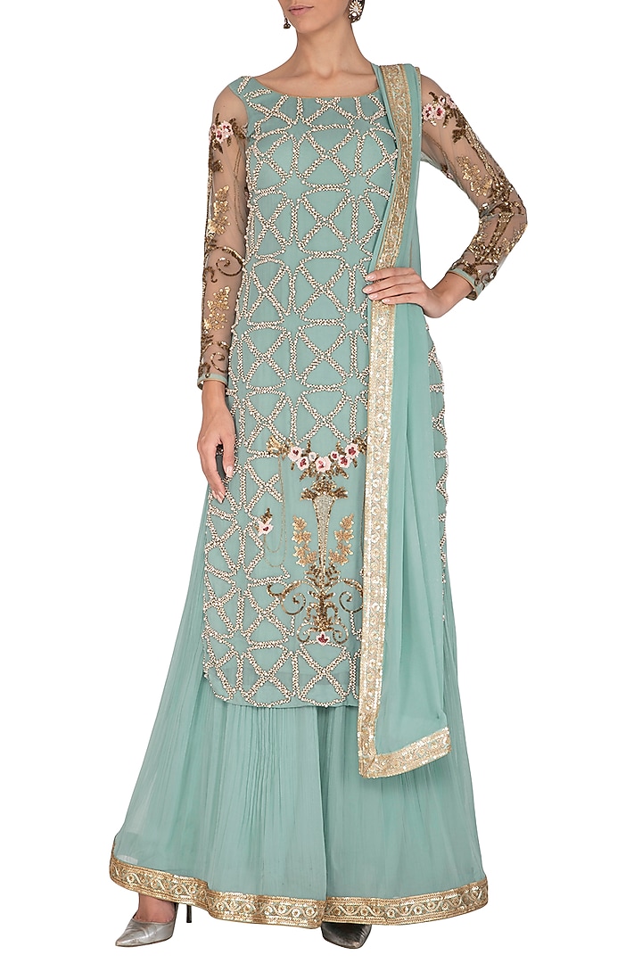 Blue Embroidered Bridal Sharara Set by Rachit Khanna at Pernia's Pop Up Shop