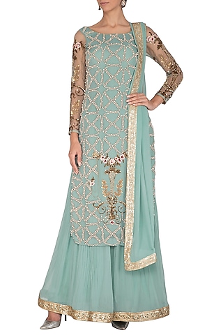 Blue Embroidered Sharara Set by rachit khanna