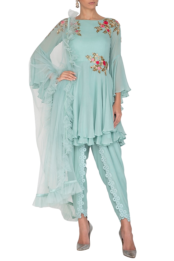 Blue Embroidered Short Wedding Anarkali Set by Rachit Khanna at Pernia's Pop Up Shop