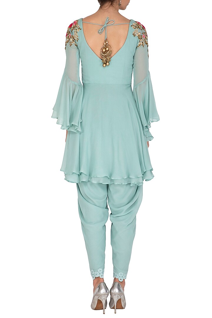Blue Embroidered Short Wedding Anarkali Set by Rachit Khanna at Pernia's Pop Up Shop