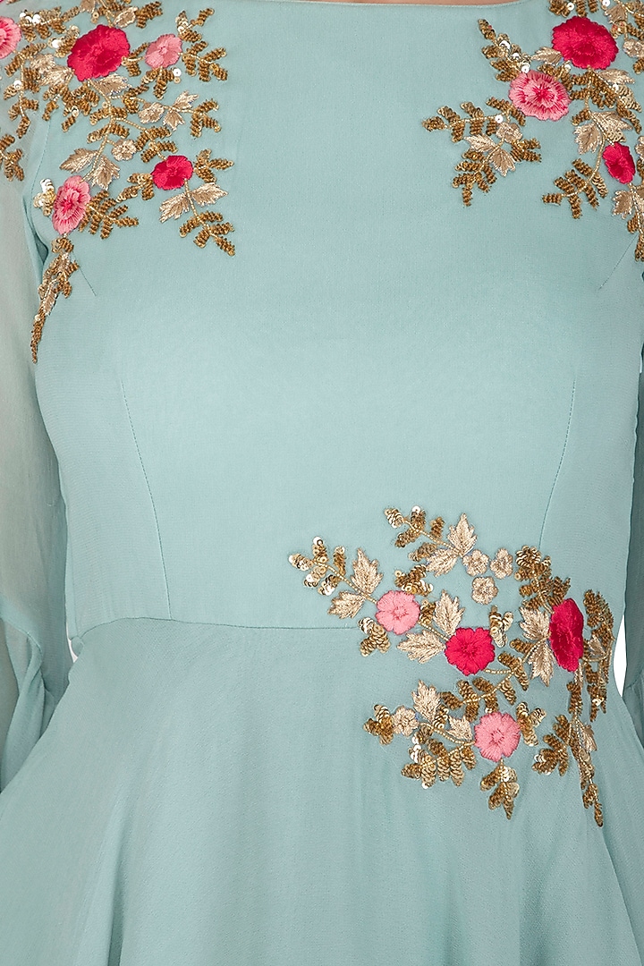 Blue Embroidered Short Wedding Anarkali Set by Rachit Khanna at Pernia's Pop Up Shop