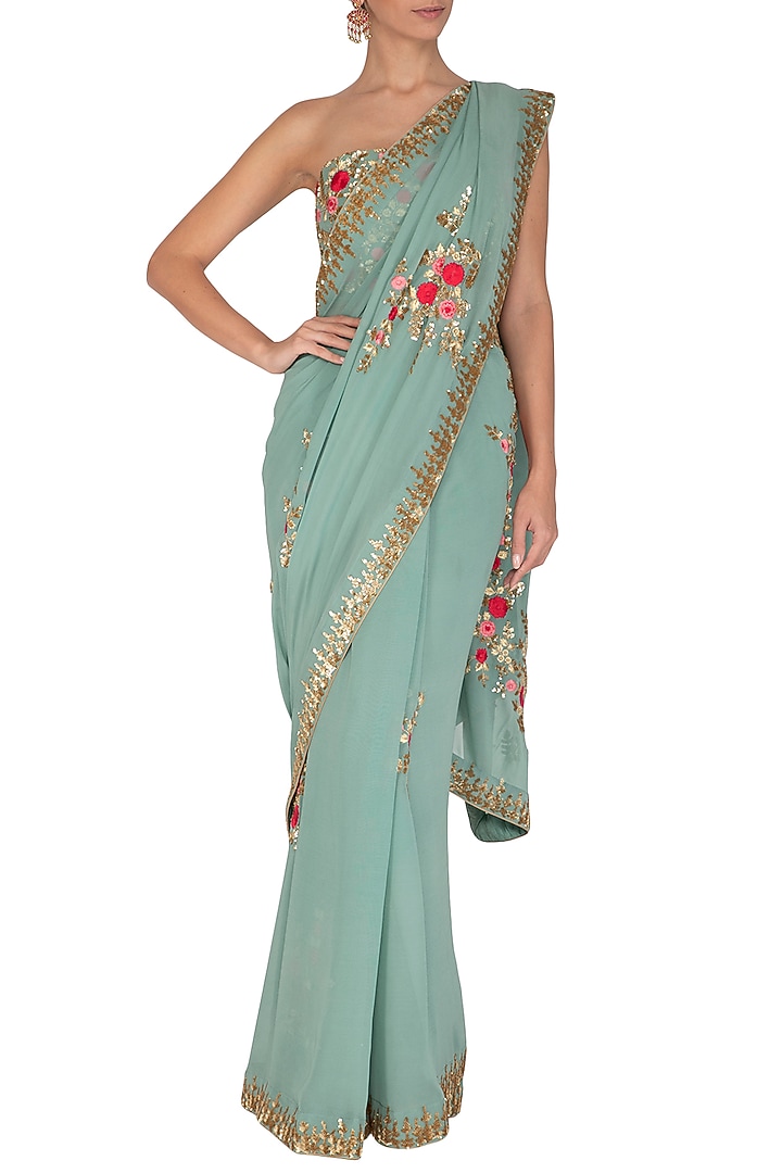 Blue Embroidered Reception Saree Set by Rachit Khanna at Pernia's Pop Up Shop