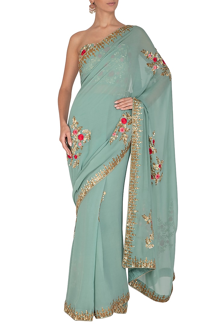 Blue Embroidered Reception Saree Set by Rachit Khanna at Pernia's Pop Up Shop