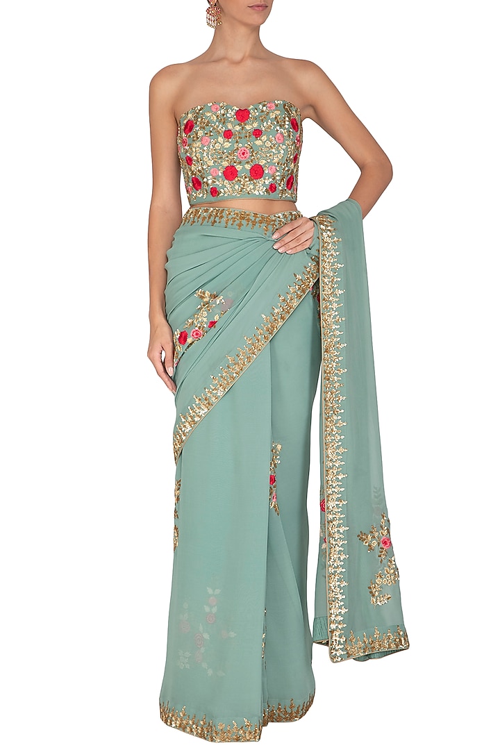 Blue Embroidered Reception Saree Set by Rachit Khanna at Pernia's Pop Up Shop