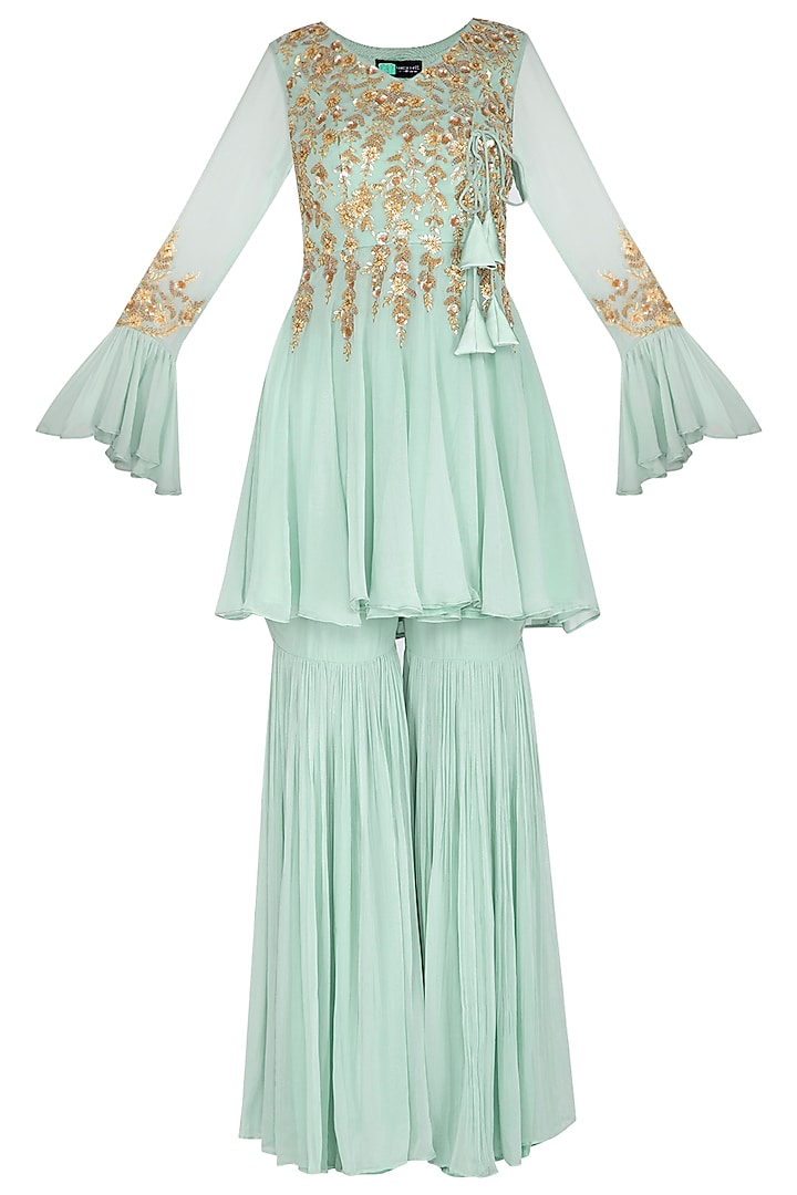 Teal Blue Embroidered Short Anarkali With Gharara Pants by Rachit Khanna