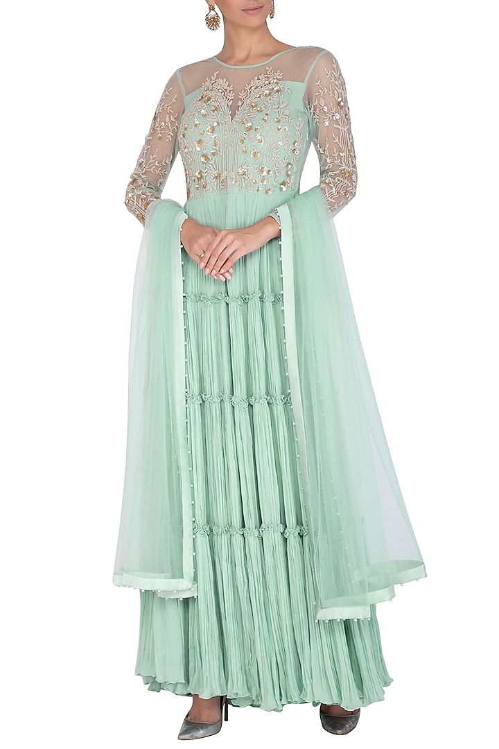 Blue Embroidered Wedding Anarkali Set by Rachit Khanna at Pernia's Pop Up Shop