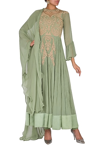 Green Embroidered Crinkled Anarkali Set by Rachit Khanna