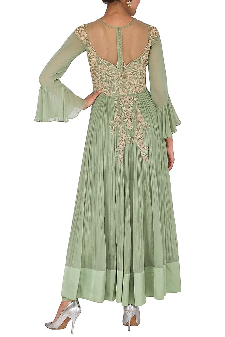 Green Embroidered Crinkled Bridal Anarkali Set by Rachit Khanna at Pernia's Pop Up Shop