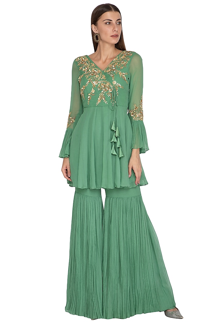 Sage Green Embroidered Short Anarkali With Gharara by Rachit Khanna