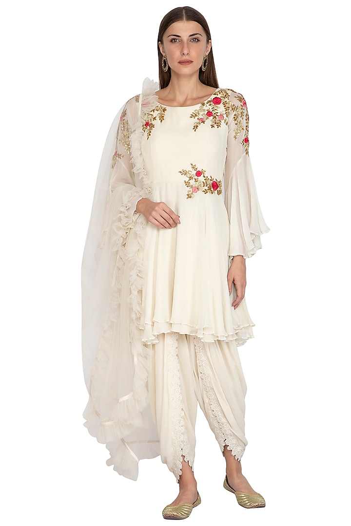 White Embroidered Short Anarkali Set by Rachit Khanna