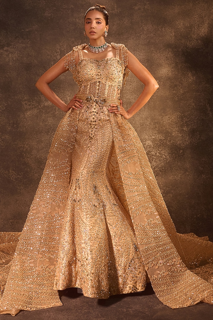 Golden Tulle Pearl Work Mermaid Bridal Gown With Trail by Rachit Khanna at Pernia's Pop Up Shop